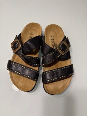 Naot Black Studded Triple-Strap Slide Sandals with Gold Buckles